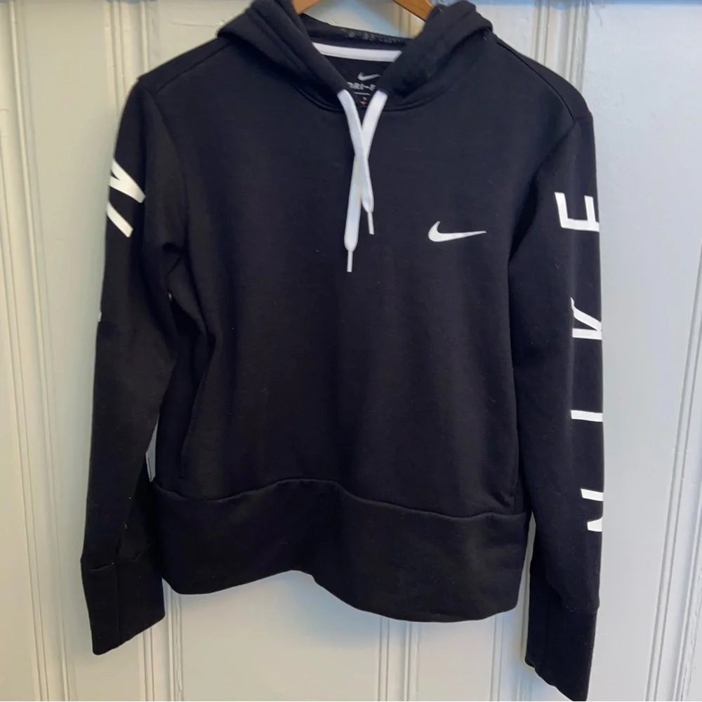 Nike Dri-Fit Hoodie Women’s SmallBlack with  White Spellout Down arm